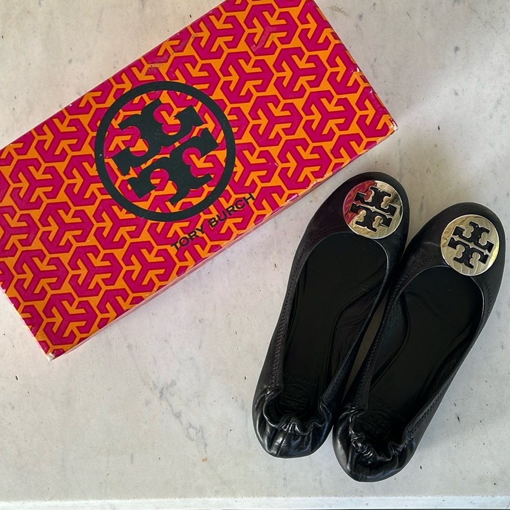 Tory Burch Classic Reva Ballet Flat, Black with Silver Logo